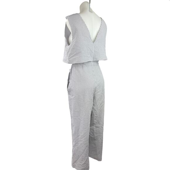 Zara Womens Blue Striped V-Neck Sleeveless Drawstring One-Piece Jumpsuit Sz M - Picture 3 of 6